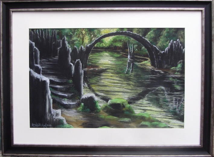Dare you cross the Devil's Bridge? Drawn in soft pastel on black paper it's as dramatic as the bridge is in Saxony, Germany.