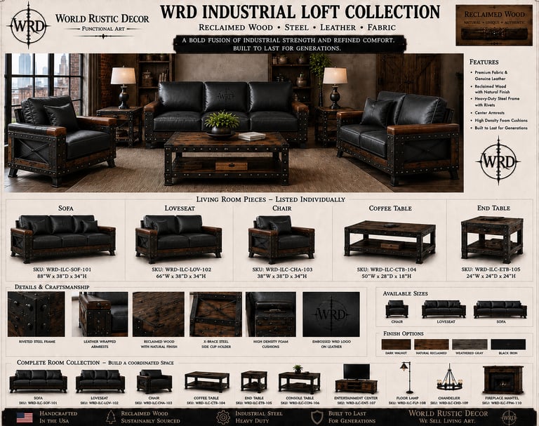 World Rustic Decor industrial loft collection featuring reclaimed wood and black leather sofa, loveseat, and coffee table.