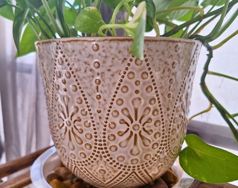 Ceramic banded planter set for indoor houseplants with drainage and saucers