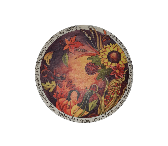 Individual redondo con diseño otoñal – impresión UV sobre superficie de cuero
