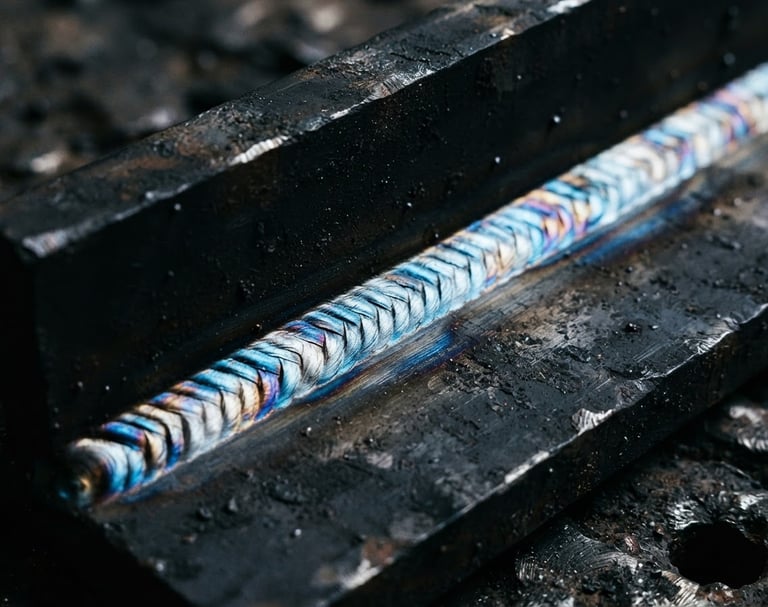 Macro shot of a clean, professional welding bead on thick black steel, cool steel tones with bright electric blue highlights, industrial documentary photography, 35mm