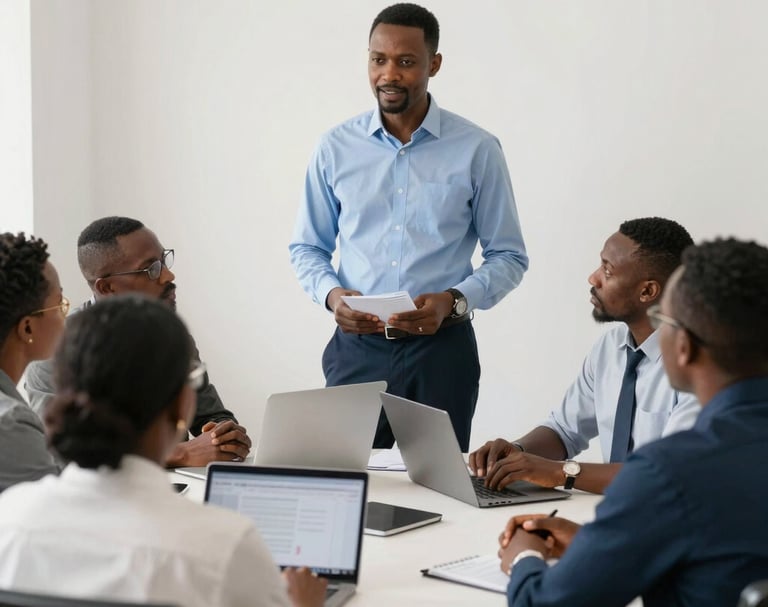 A professional consultant engaging thoughtfully with educators in a modern office setting.