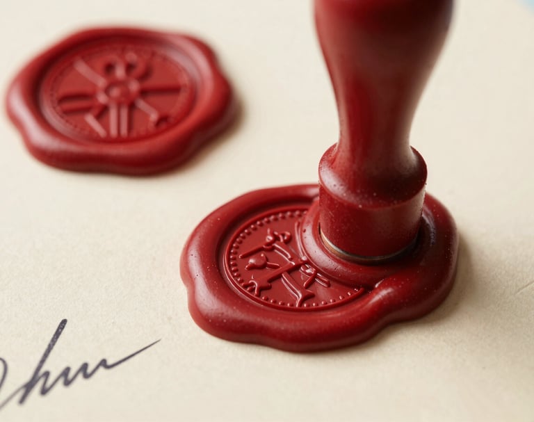 Extreme close-up of an official notarial seal pressed onto a document, the embossed stamp detail sharp and centered, adjacent red wax seal and black ink signature visible on cream paper, bright even studio light, straight-on macro framing