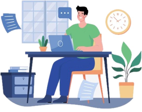 Image showing a man at his desk studying happily in a home environment.