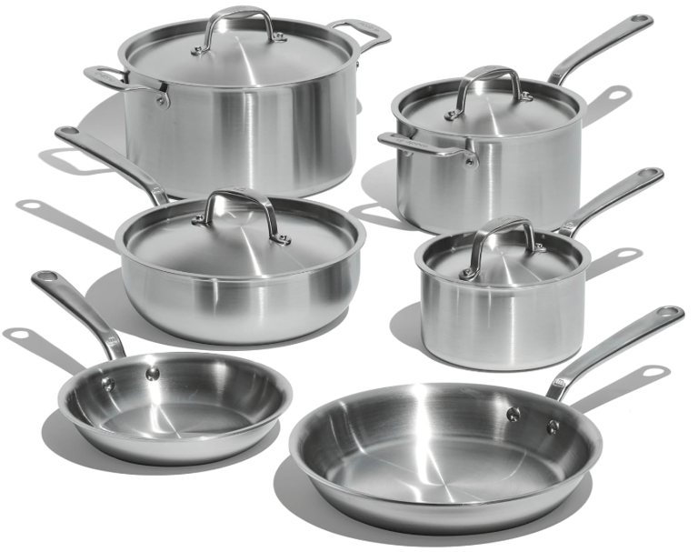 A professional 5-ply stainless steel cookware set from Made In, used in Michelin star kitchens.