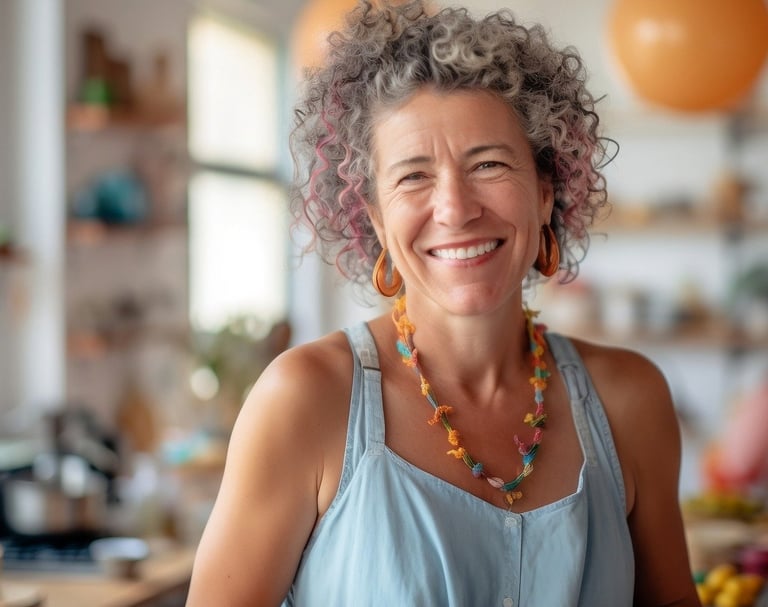Woman with a curly hair in her kitchen, with balloons in the background.