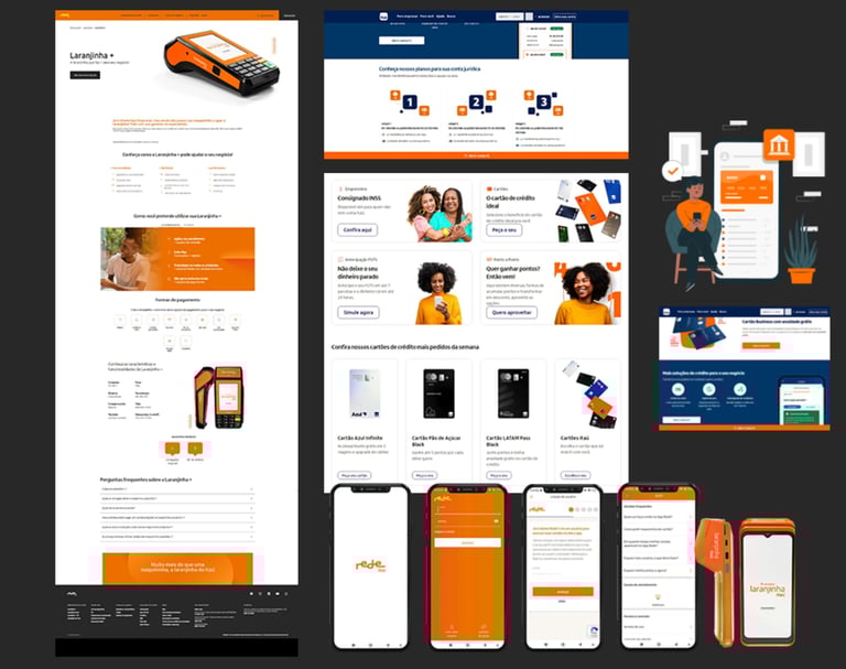 Captura de tela mostrando interfaces de banco digital do Itaú, telas de app e terminais.