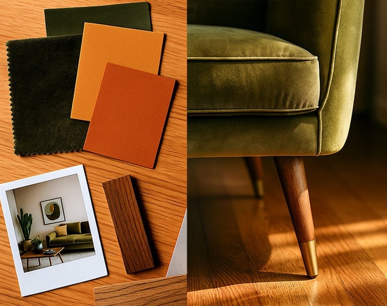 Mid-Century mood board with fabric, color cards, wood samples, and olive green sofa leg close-up.