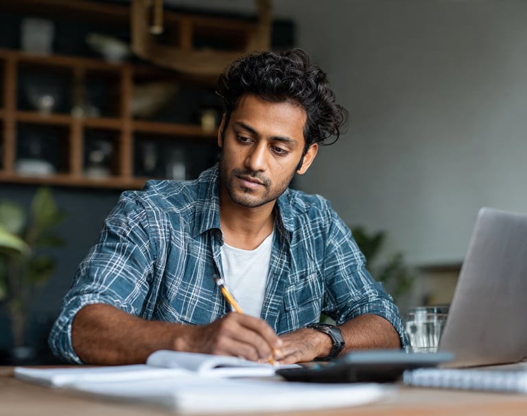 A focused man working from home using a laptop and writing in a notebook at a desk.