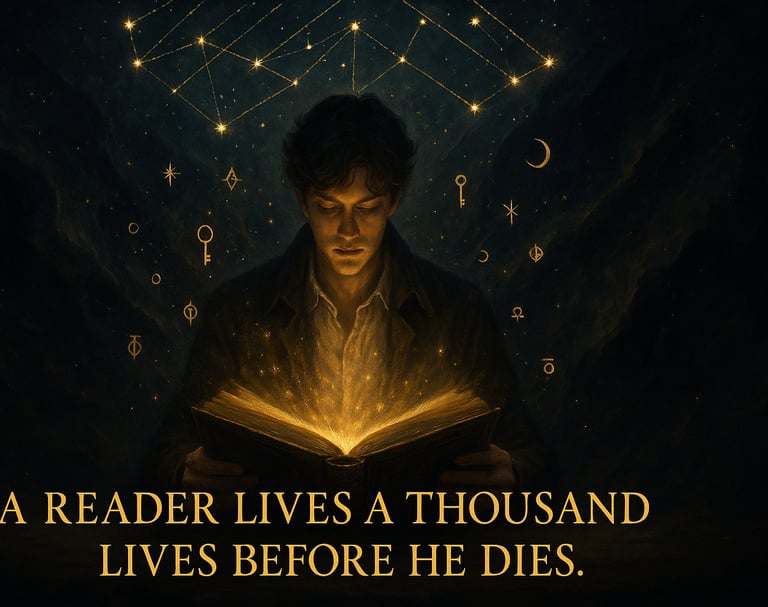 A reader surrounded by books symbolizing living a thousand lives through reading