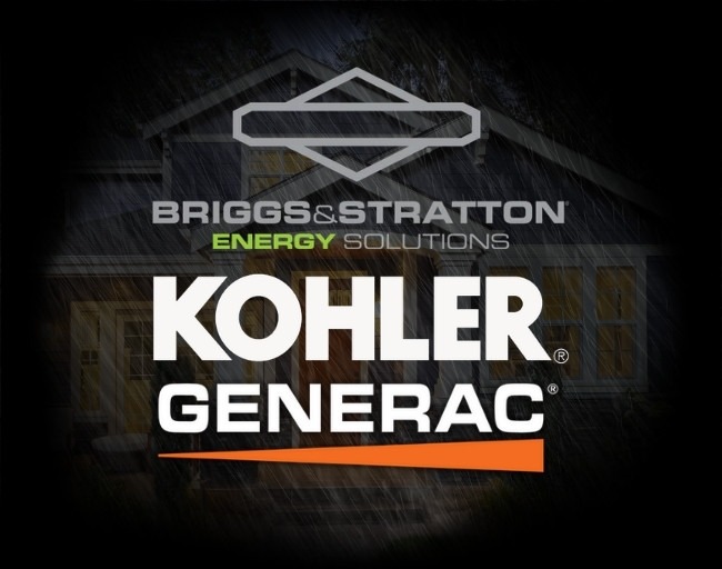 Logos for Briggs Stratton, Kohler and Generac with a house lite up during a rain storm