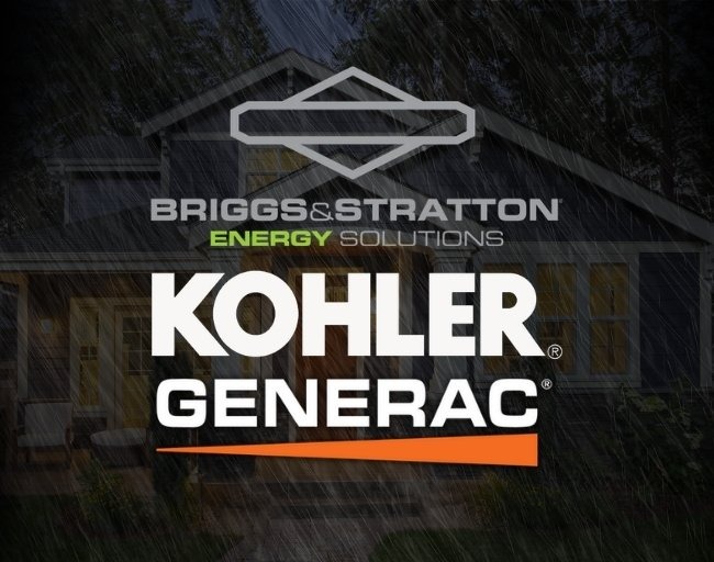 Logos for Briggs Stratton, Kohler and Generac with a house lite up during a rain storm