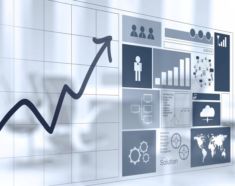 A dashboard with an upward trending line graph