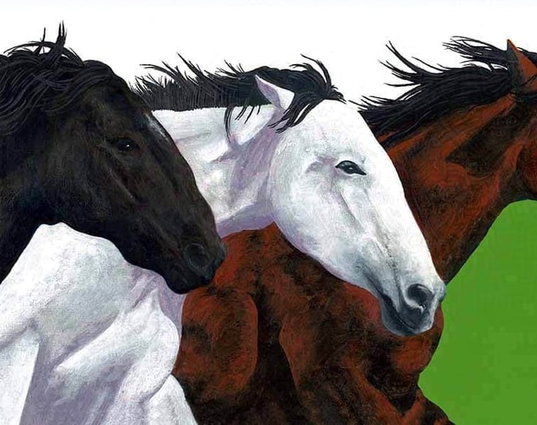 A group of three horses galloping in a field