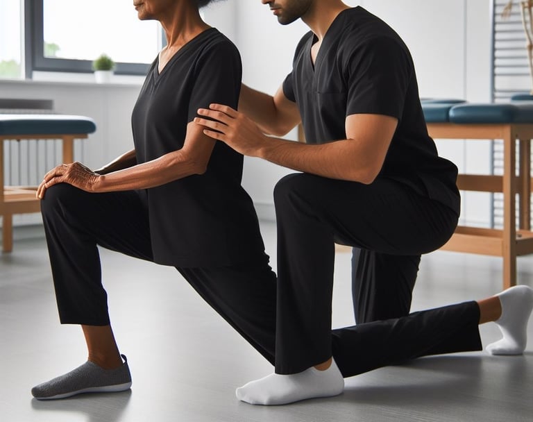 elderly woman doing exercises with Physiotherapist wearing black