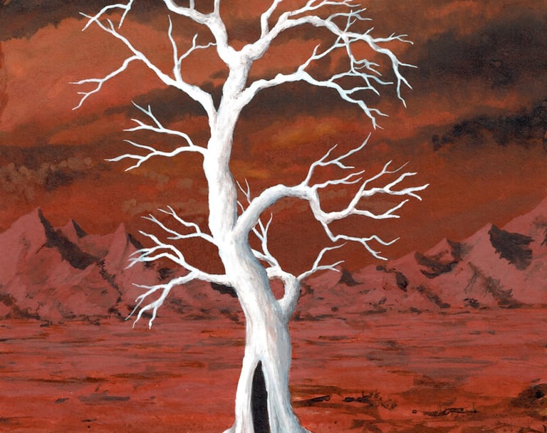 Une peinture acrylique représentant un arbre blanc sans feuilles au milieu d'un désert rouge menaçan