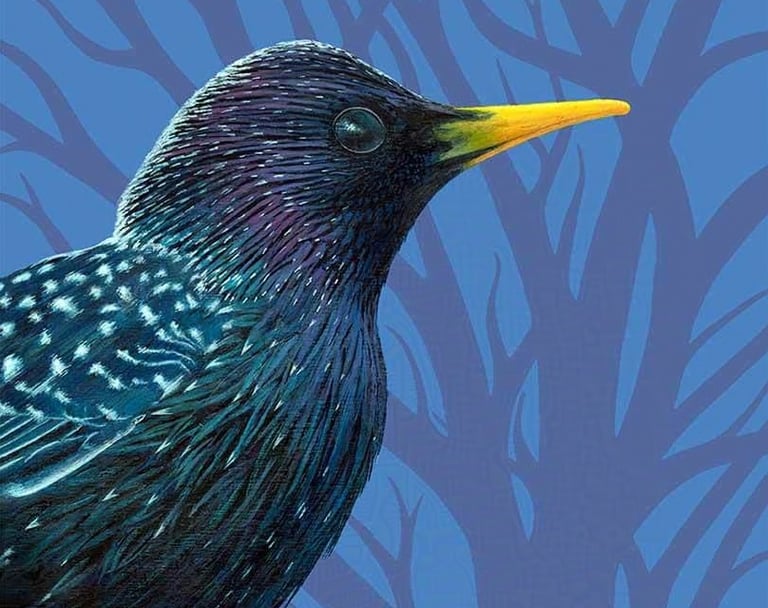Bird portrait painting of a Starling against a contemporary-styled tree in the background