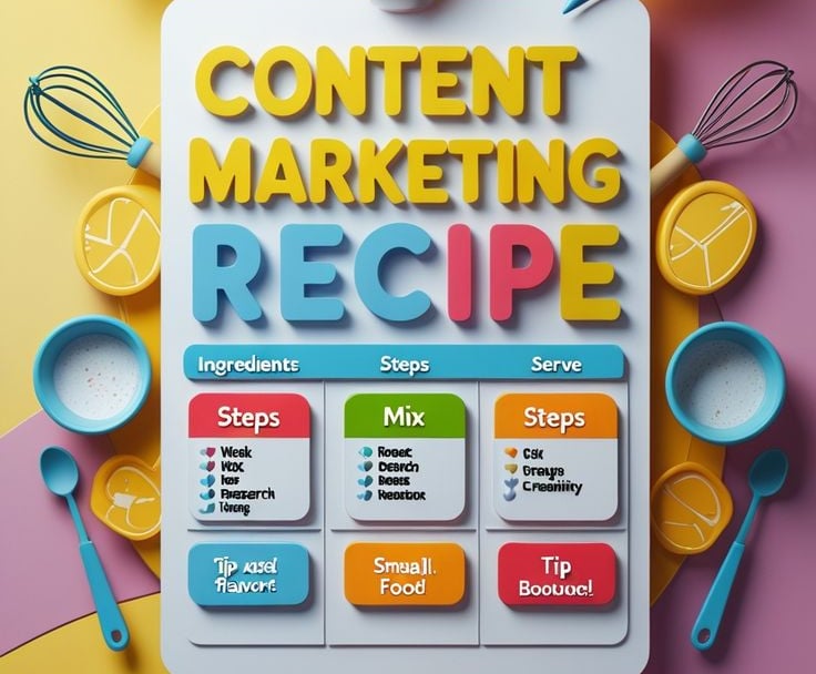content marketing recipe infographic with steps and ingredients.