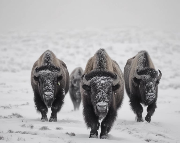 A powerful bison standing firm against a stormy sky, symbolizing strength and resilience.
