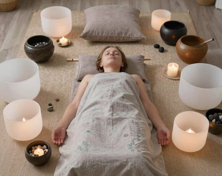 A person is sitting with eyes closed, smiling gently while holding a handful of pink flowers. The background is a soft blur of similar flowers, creating a serene and tranquil atmosphere.