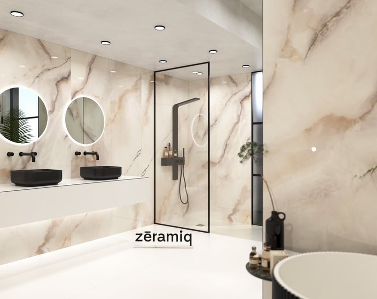 Baño de lujo hecho de porcelanatos monoliticos por Zeramiq