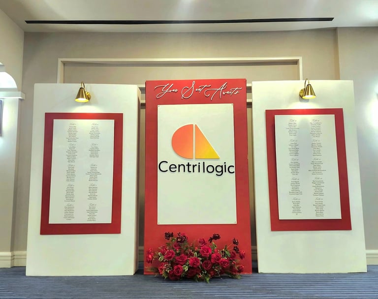 3 piece red and white themed seating chart for a corporate event at the Hilton hotel