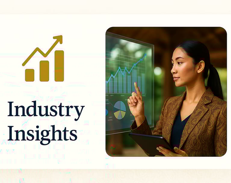 Industry Insights card with a golden rising bar chart icon and a business professional in a fancy ba