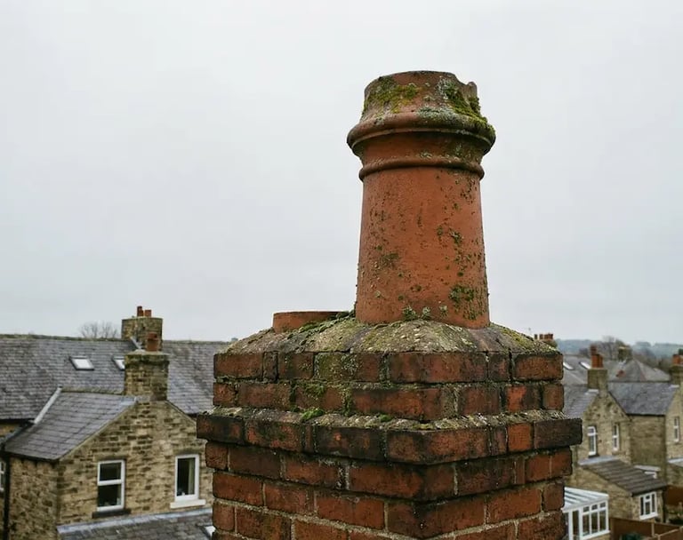 Red clay chimney pot with green moss on a brick roof overlooking a suburban neighborhood.