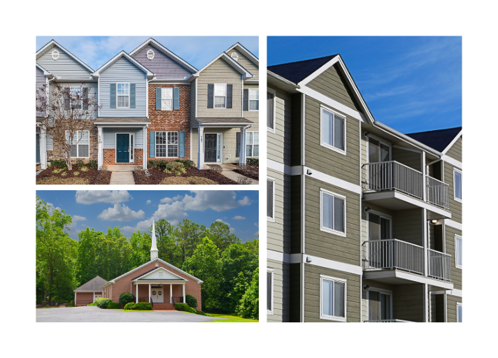 Image showing a multi unit housing a church and an appartment complex