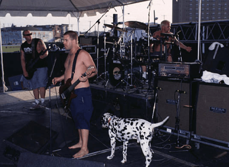 Sublime band members performing on stage with a Dalmatian dog during an outdoor concert.