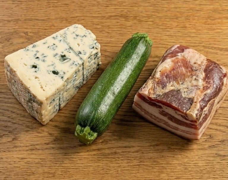 Fresh blue cheese wedge, green zucchini, and cured pancetta meat on a wooden table.