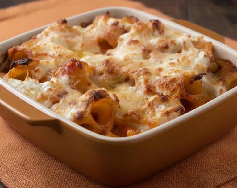 Baked rigatoni pasta dish with melted mozzarella cheese and tomato sauce in a ceramic baking pan.