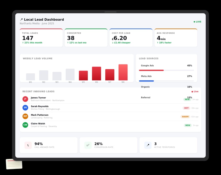 Local lead generation dashboard displaying marketing analytics, lead sources, and conversion rates.