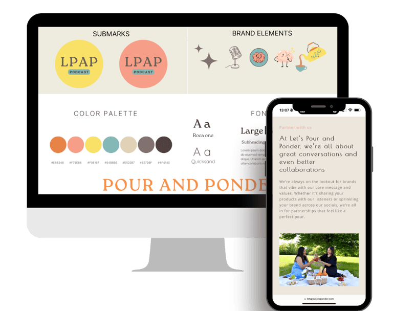 Brand style guide for Pour and Ponder podcast featuring logo submarks, color palette, and typography.