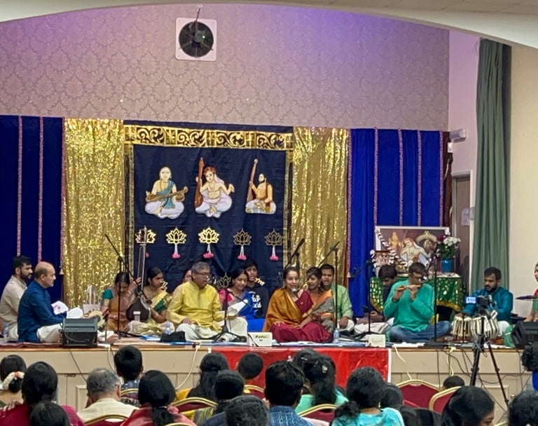 A picture of musicians performing in Tyagaraja aradhana event