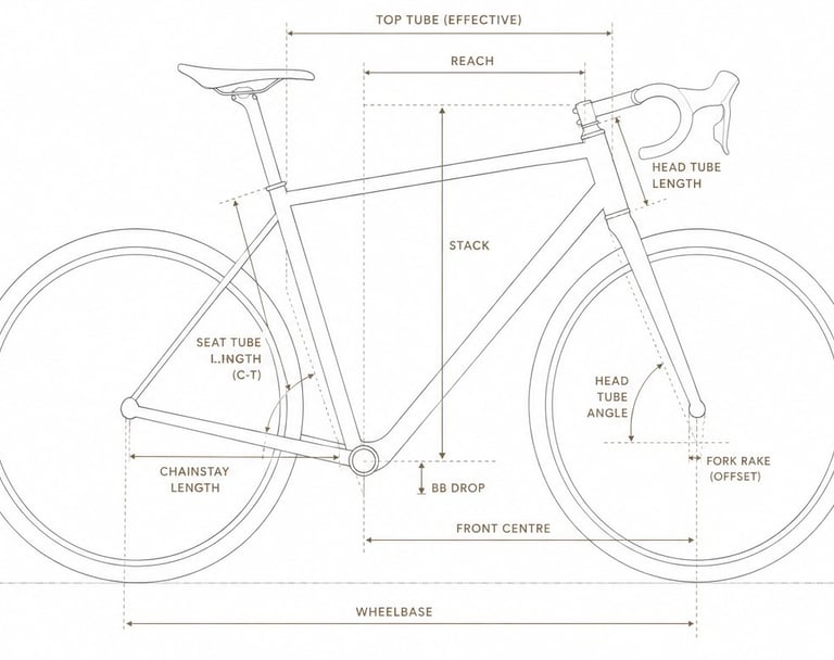 Technical diagram showing road bike geometry measurements including reach, stack, and wheelbase.