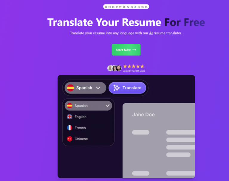 Image with the text Translate your resume for free with different languages