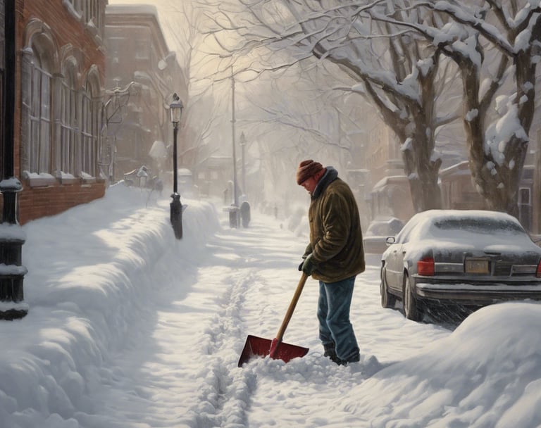 A man shoveling snow from a sidewalk in an urban neighbourhood