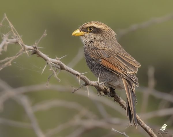 Geelsnavelklauwier met een bruingrijze rug en scherpe snavel, rustend op een doornige tak.