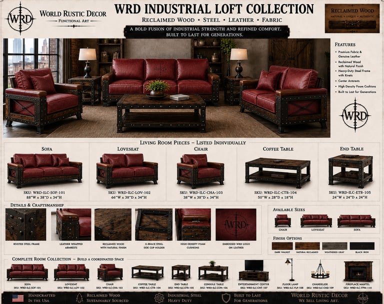World Rustic Decor industrial loft collection featuring red leather sofas with reclaimed wood and steel frames.