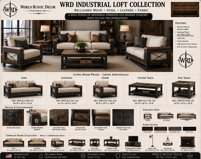 Industrial loft living room furniture collection featuring reclaimed wood and leather sofas with riveted steel frames.