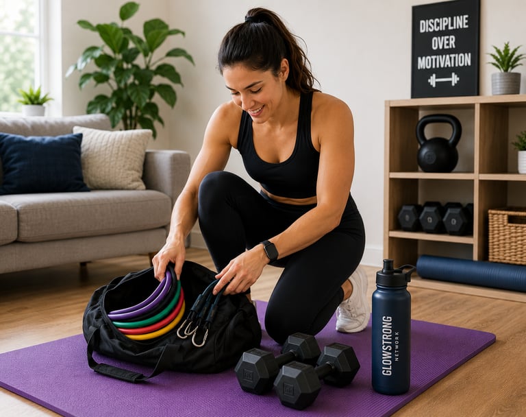 Beginner home workout setup featuring resistance bands, light dumbbells, an exercise mat, and a reus