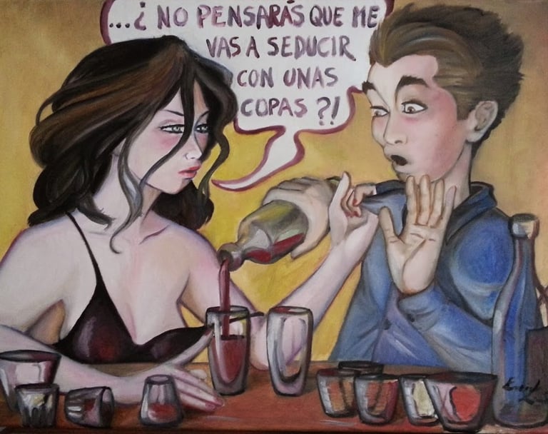 a painting of a man and woman drinking wine