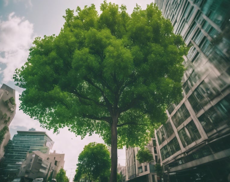 a tree in a city park with a small tree