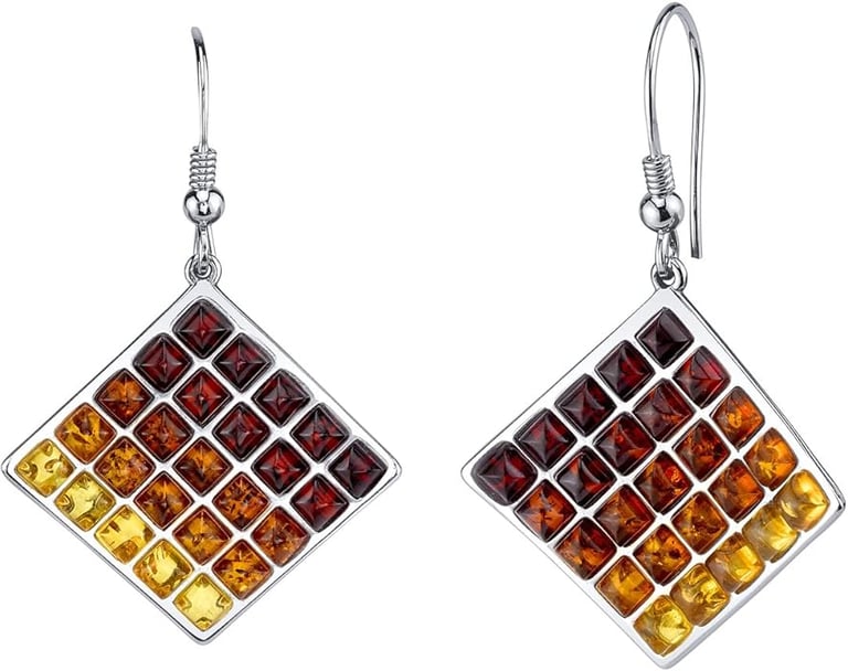 Modernist Genuine Multicolor Baltic Amber Dangle Earrings in Sterling Silver, Designer Square Waffle Drops