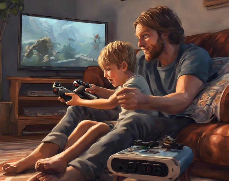 a person and a child sitting on a couch so excited enjoing playing video games