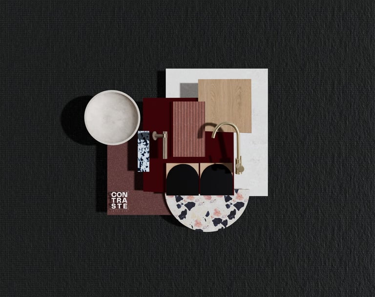 Moodboa Contraste avec une touche de couleur bordeau , tendance, par Mattoboard