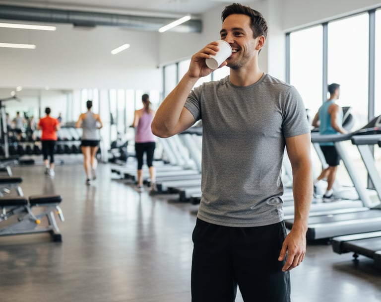 Gym member drinking a post-workout protein shake — representing Suppbox affordable gym nutrition sol