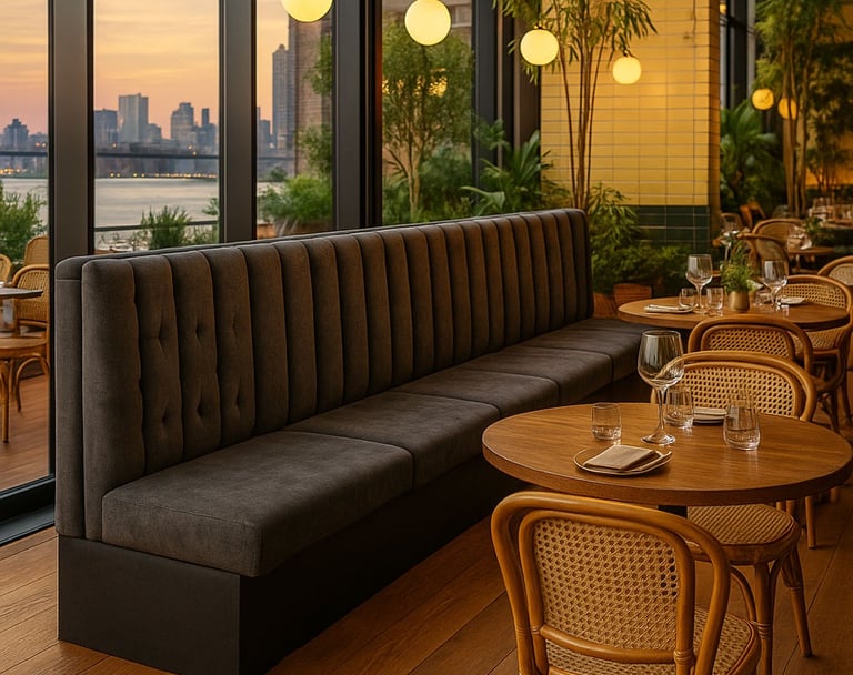 Custom banquette seating by Solo Home Decor, featuring sleek vertical tufted design, perfect for modern upscale dining spaces