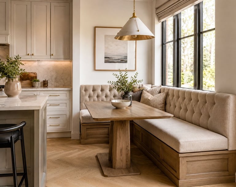 Custom L-shaped banquette in a kitchen dining nook with tufted upholstery and natural light.